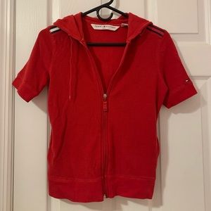 Red Zip Up Vintage Short Sleeve Hoodie